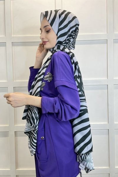 Siyane Scarf Cotton Soft Shawl - Zebra Patterned Cotton Shawl 01157 GRAY