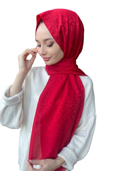 Siyane Scarf Pamuk Jakar Leopar Desen Şal 00964 KIRMIZI