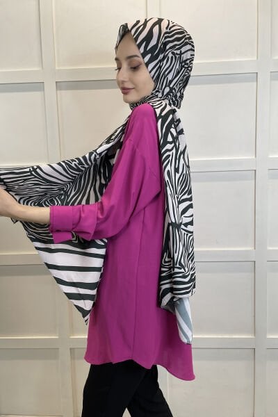 Siyane Scarf Pamuk Soft Şal - Zebra Desenli Pamuklu Şal 01157 AÇIK PUDRA