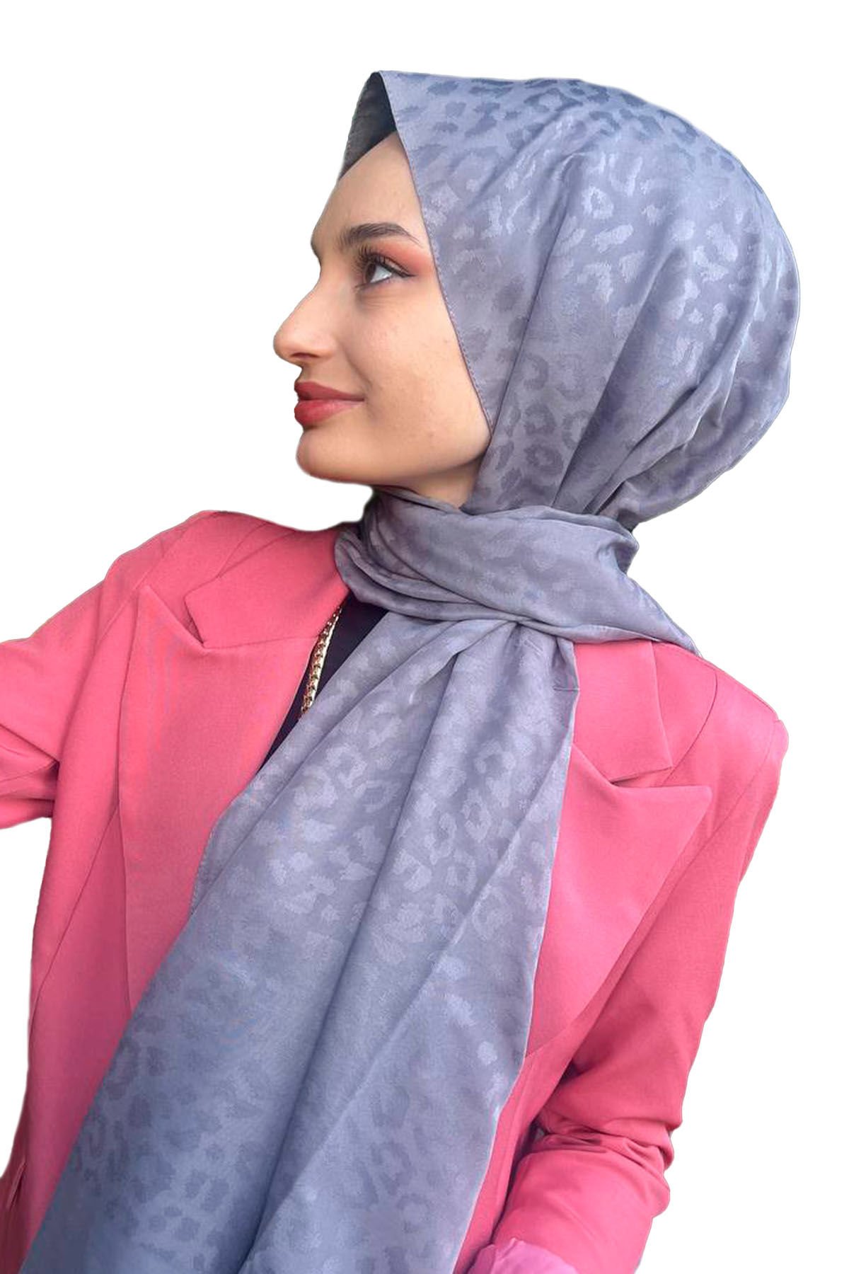 Siyane Scarf Pamuk Jakar Leopar Desen Şal 00964 FÜME