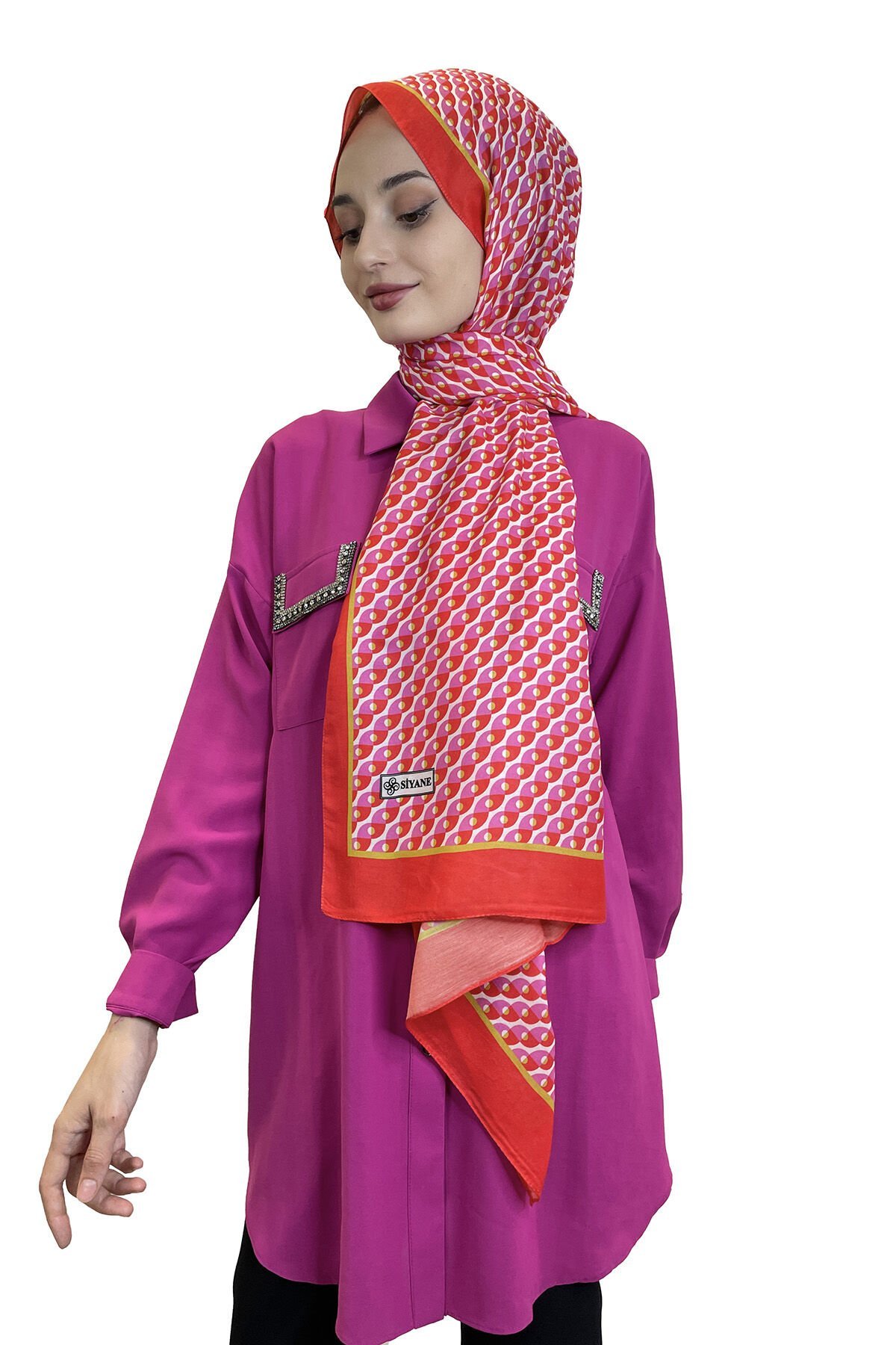 Siyane Scarf Pamuk Soft Şal - Geometrik Desenli Pamuklu Şal 01156 MERCAN