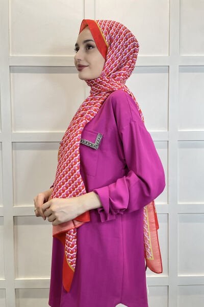 Siyane Scarf Pamuk Soft Şal - Geometrik Desenli Pamuklu Şal 01156 MERCAN
