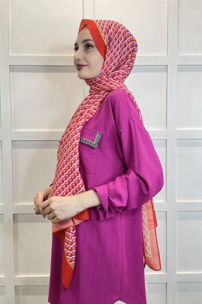 Siyane Scarf Pamuk Soft Şal - Geometrik Desenli Pamuklu Şal 01156 MERCAN