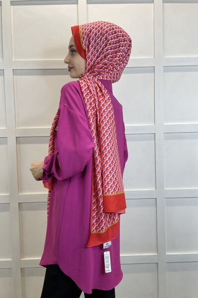 Siyane Scarf Pamuk Soft Şal - Geometrik Desenli Pamuklu Şal 01156 MERCAN