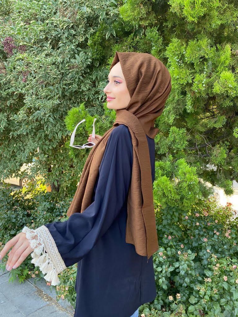 Siyane Scarf Kendinden Kırışık Kumaş Tek Renk Jazz Şal 00516 KAHVERENGİ