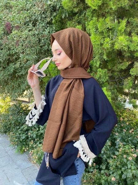 Siyane Scarf Kendinden Kırışık Kumaş Tek Renk Jazz Şal 00516 KAHVERENGİ