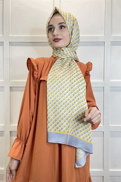 Siyane Scarf Cotton Soft Shawl - Geometric Patterned Cotton Shawl 01156 YELLOW