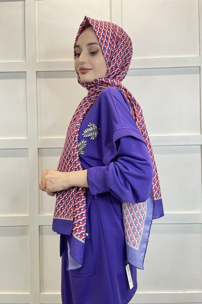 Siyane Scarf Cotton Soft Shawl - Geometric Patterned Cotton Shawl 01156 PURPLE