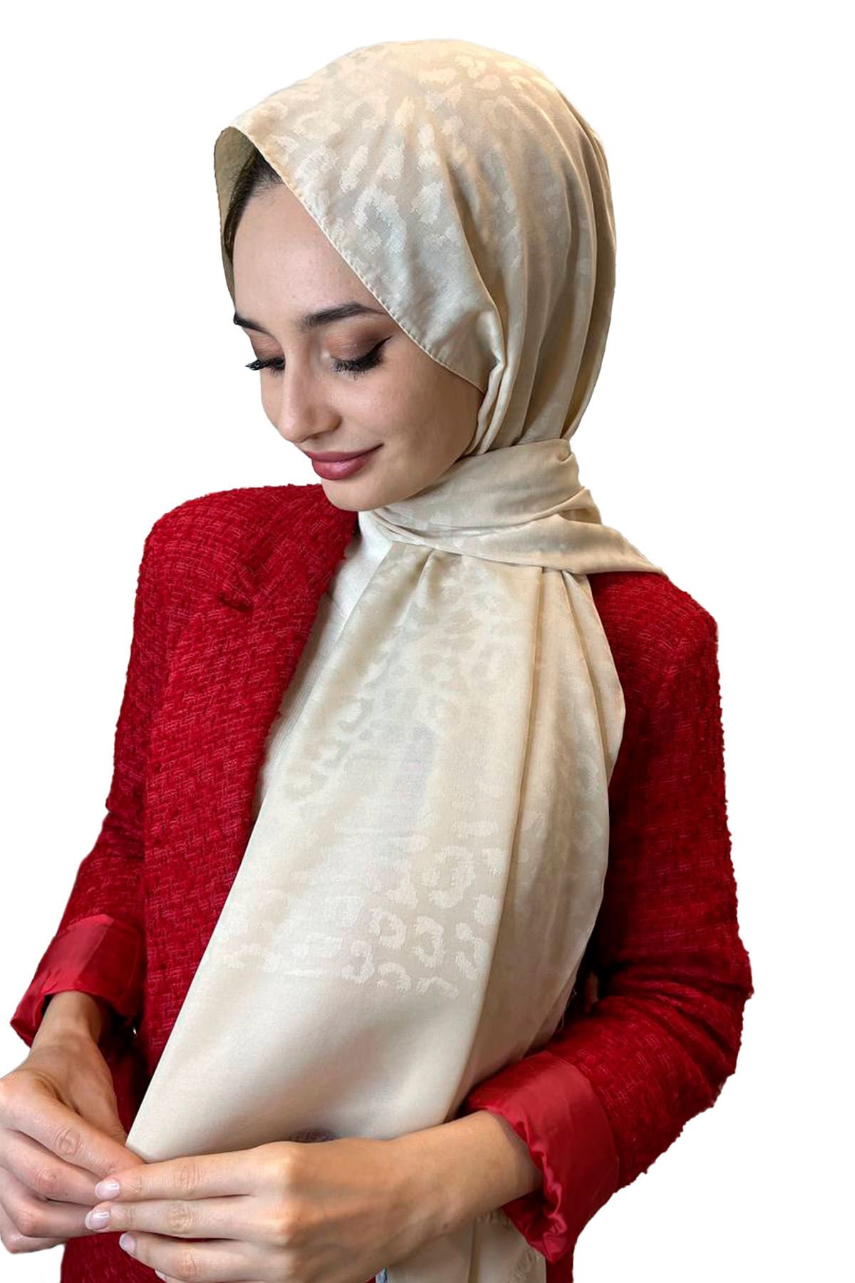 Siyane Scarf Pamuk Jakar Leopar Desen Şal 00964 AÇIK BEJ