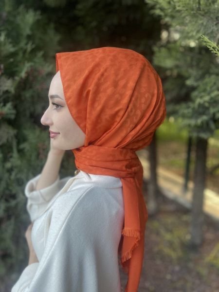 Siyane Scarf Pamuk Jakar Leopar Desen Şal 00964 ORANGE