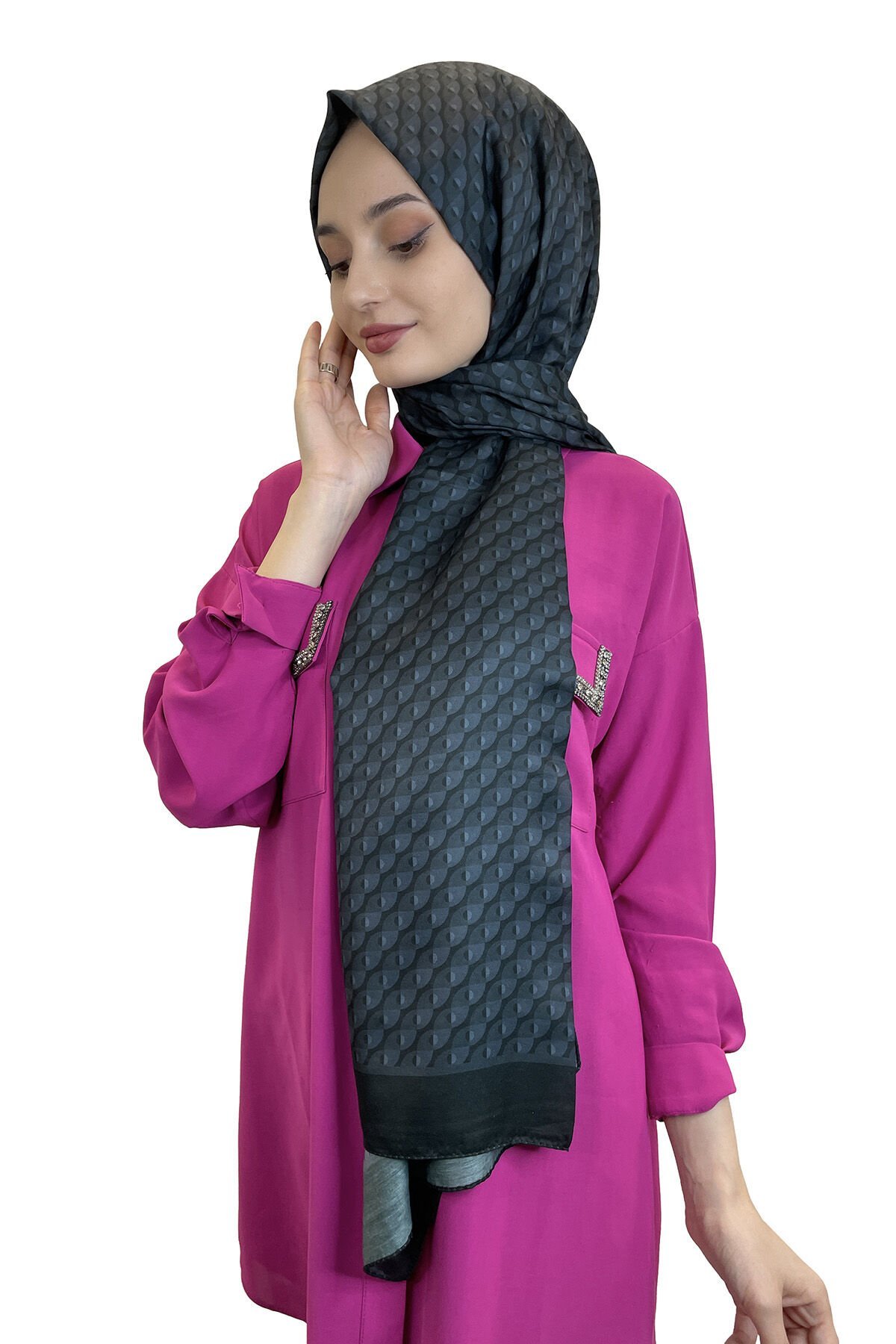 Siyane Scarf Cotton Soft Shawl - Geometric Patterned Cotton Shawl 01156 ANTHRACITE