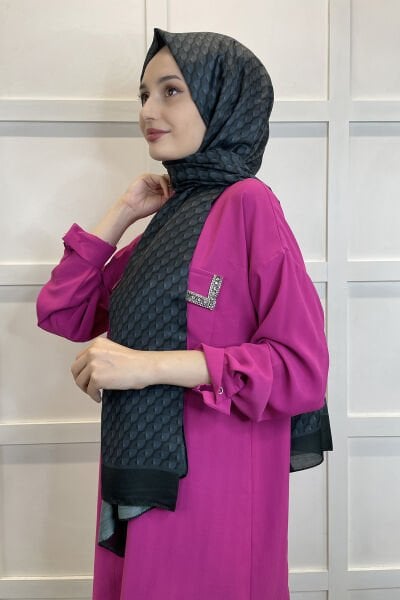 Siyane Scarf Cotton Soft Shawl - Geometric Patterned Cotton Shawl 01156 ANTHRACITE