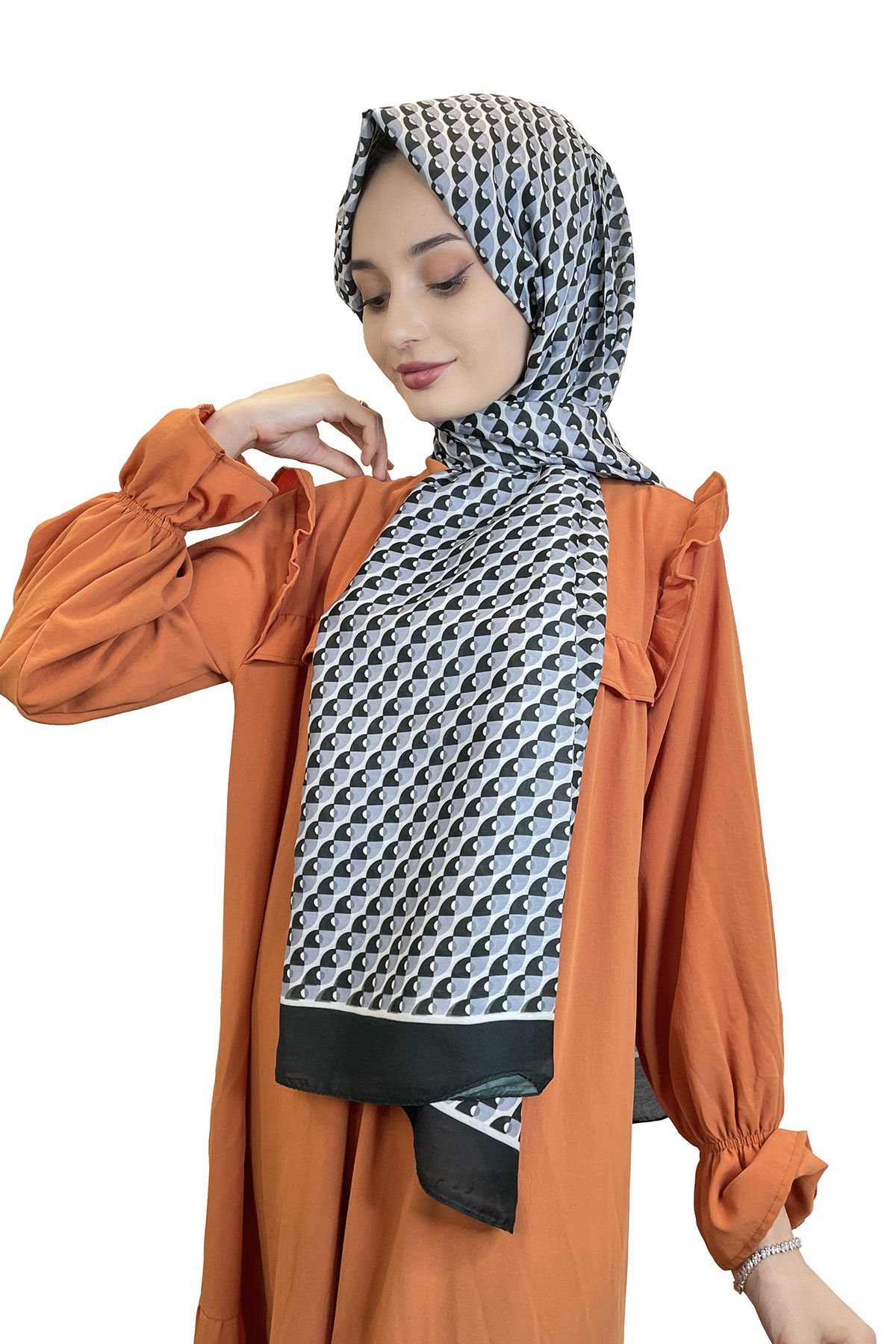 Siyane Scarf Cotton Soft Shawl - Geometric Patterned Cotton Shawl 01156 BLACK WHITE