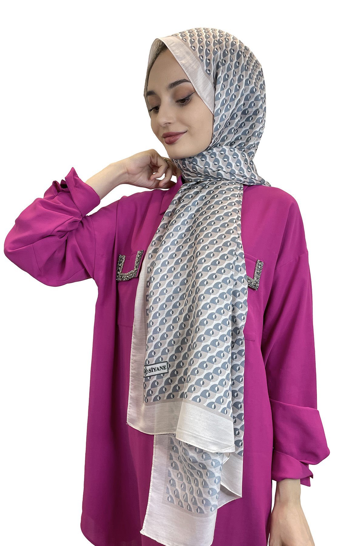 Siyane Scarf Cotton Soft Shawl - Geometric Patterned Cotton Shawl 01156 CREAM