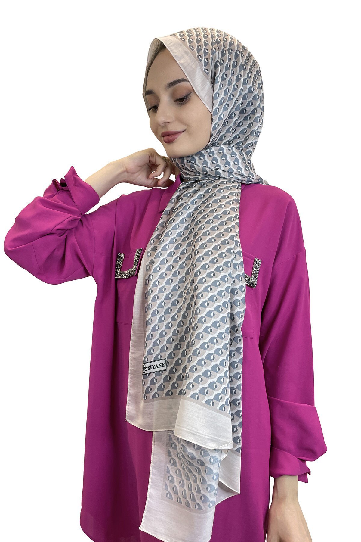 Siyane Scarf Pamuk Soft Şal - Geometrik Desenli Pamuklu Şal 01156 KREM