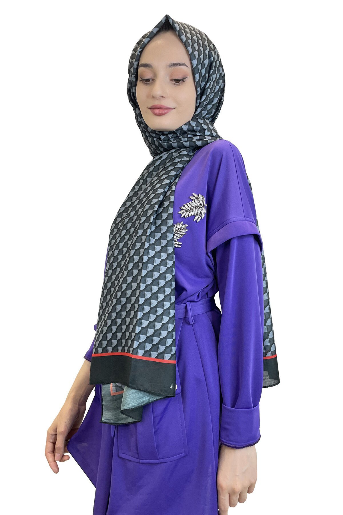 Siyane Scarf Cotton Soft Shawl - Geometric Patterned Cotton Shawl 01156 BLACK