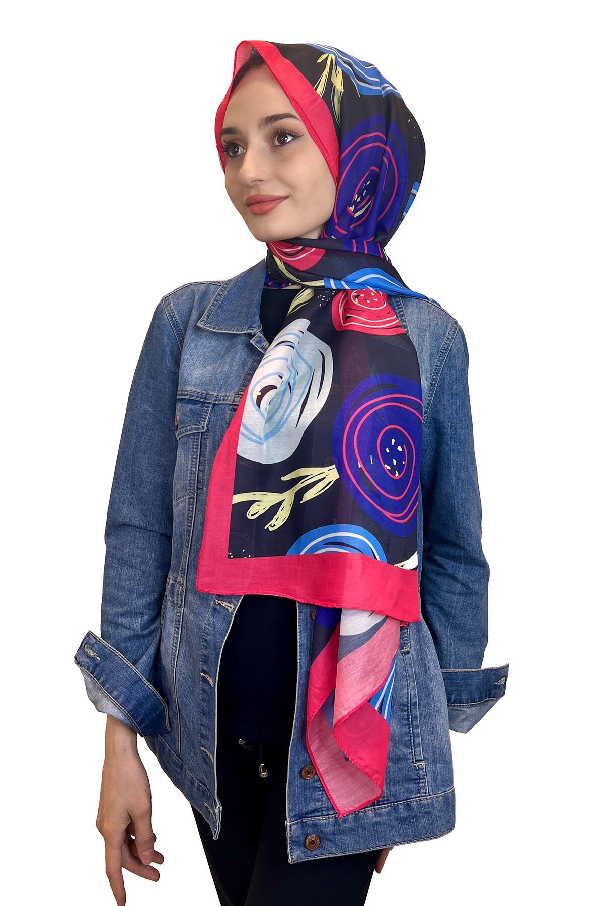 Cotton Shawl - Patterned Thin Seasonal Cotton Soft Shawl 01002 NAVY BLUE FUCHSIA