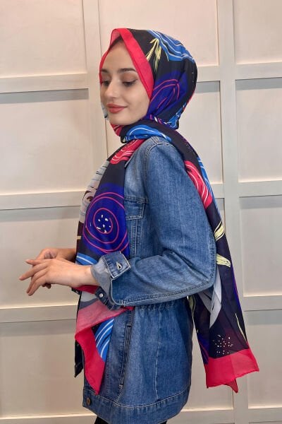 Cotton Shawl - Patterned Thin Seasonal Cotton Soft Shawl 01002 NAVY BLUE FUCHSIA