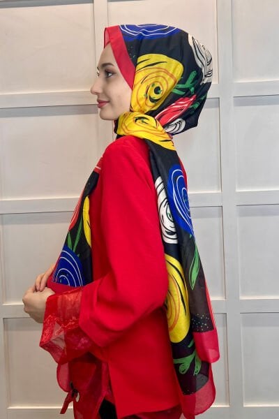 Cotton Shawl - Patterned Thin Seasonal Cotton Soft Shawl 01002 BLACK RED