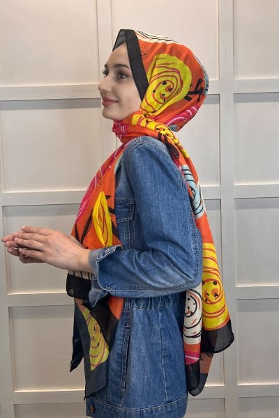 Cotton Shawl - Patterned Thin Seasonal Cotton Soft Shawl 01002 BLACK ORANGE