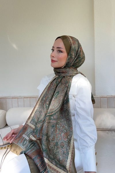 Armanda Retro Desen Etnik Vual Vintage Şal HAKİ