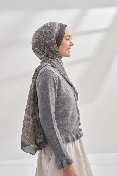 Armanda Retro Desen Etnik Vual Vintage Şal FÜME