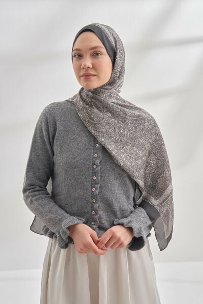 Armanda Retro Desen Etnik Vual Vintage Şal FÜME