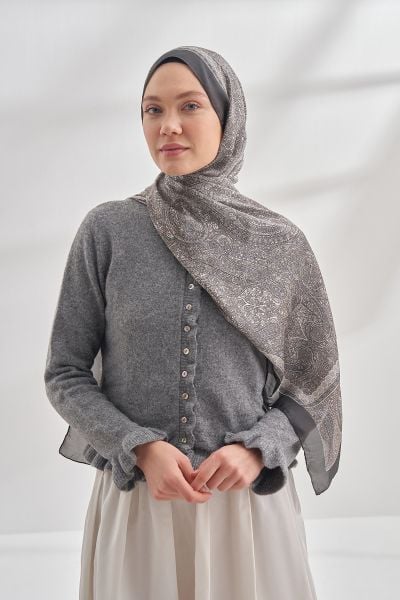 Armanda Retro Desen Etnik Vual Vintage Şal FÜME