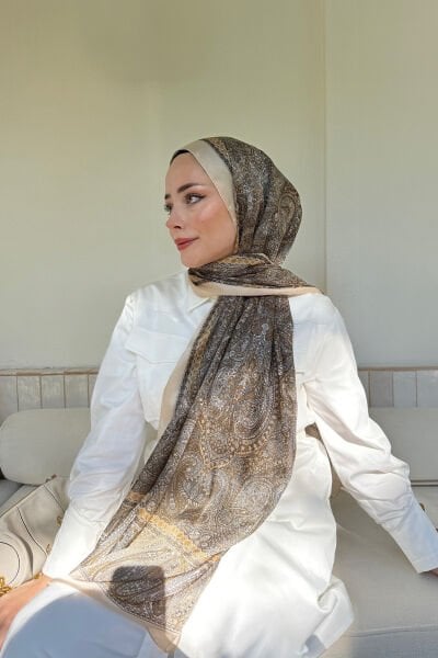 Armanda Retro Desen Etnik Vual Vintage Şal BEJ