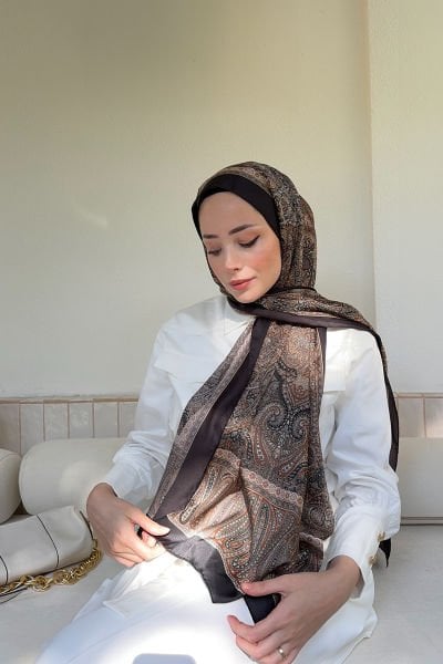 Armanda Retro Desen Etnik Vual Vintage Şal VİZON