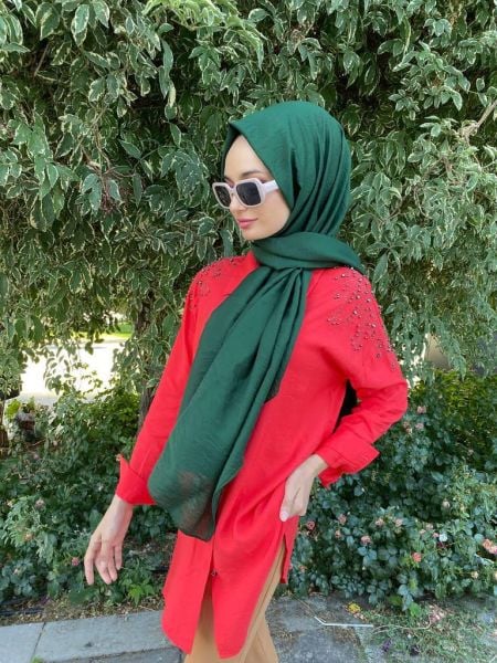 Siyane Scarf Kendinden Kırışık Kumaş Tek Renk Jazz Şal 00516 ZÜMRÜT