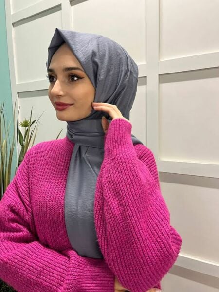 Siyane Scarf Kendinden Kırışık Kumaş Tek Renk Jazz Şal 00516 GRİ