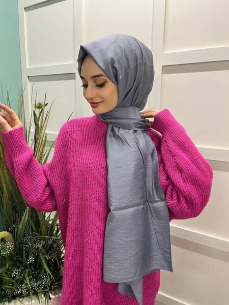 Siyane Scarf Kendinden Kırışık Kumaş Tek Renk Jazz Şal 00516 GRİ