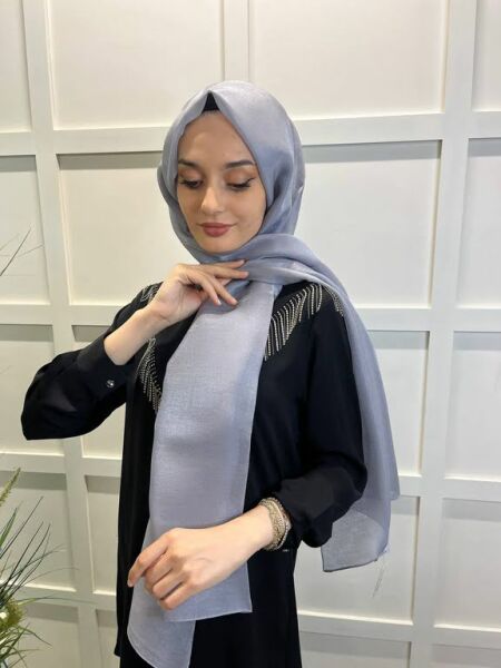 Siyane Scarf Tül Görünümlü Şal - Pırlanta Abiye Düğünlük Şal 00790 KOYU GÜMÜŞ