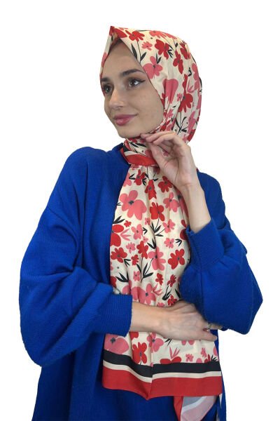 Nef Scarf Dijital Baskı Flower Desen, Çiçek Desenli, Özel Medine İpeği Şal 00852 KIRMIZI