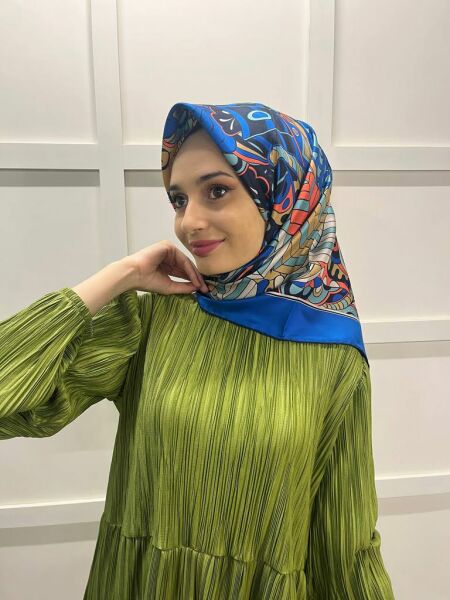 İpekevi Patterned Twill Silk Scarf 1281 SAKS BLUE