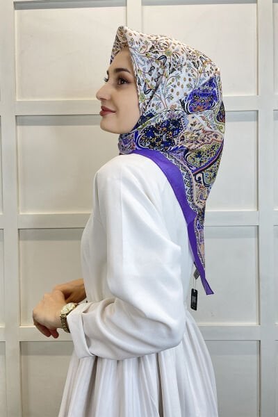 Loryan Scarf Diamond Eşarp -  Harmony  İpek Baskı Desenli Dökümlü Eşarp 01149 MÜRDÜM