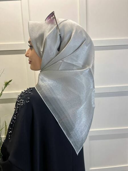Piramit Kehribar Simli Şeritli Tek Renk Eşarp 00618 GRİ