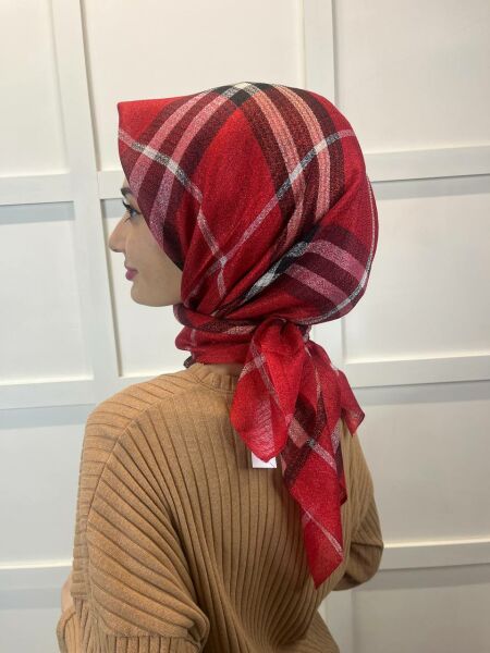 Cosie Special Plaid Patterned, Lurex, 90x90cm, Silk Blend Scarf 00942 RED