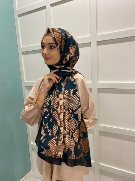 La Boutique Nostalji Herbal Snakeskin Patterned Shawl 9005 OIL BLUE
