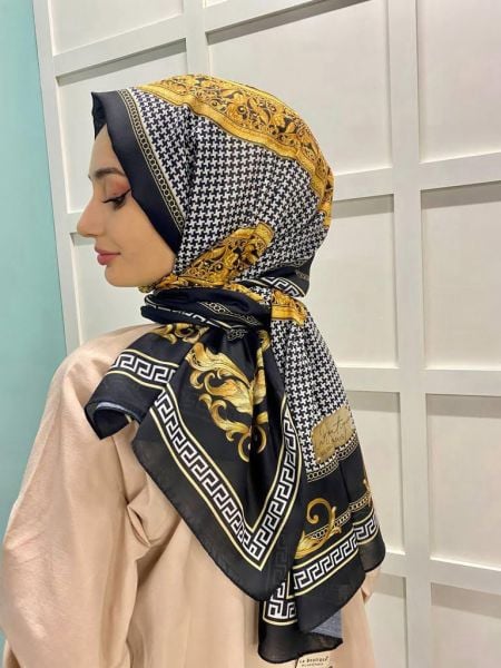 La Boutique Nostalji Herbal Kazayağı Desenli Şal 9006 SİYAH