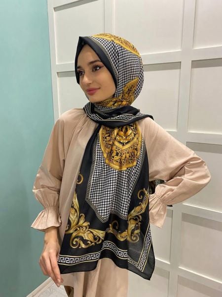 La Boutique Nostalgia Herbal Houndstooth Patterned Shawl 9006 BLACK