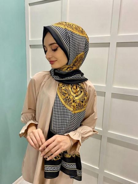 La Boutique Nostalgia Herbal Houndstooth Patterned Shawl 9006 BLACK