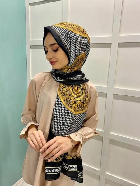 La Boutique Nostalji Herbal Kazayağı Desenli Şal 9006 SİYAH