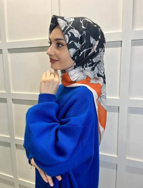 Siyane Scarf Pamuklu Flower Desen Pamuk Soft Eşarp 00804 TURUNCU