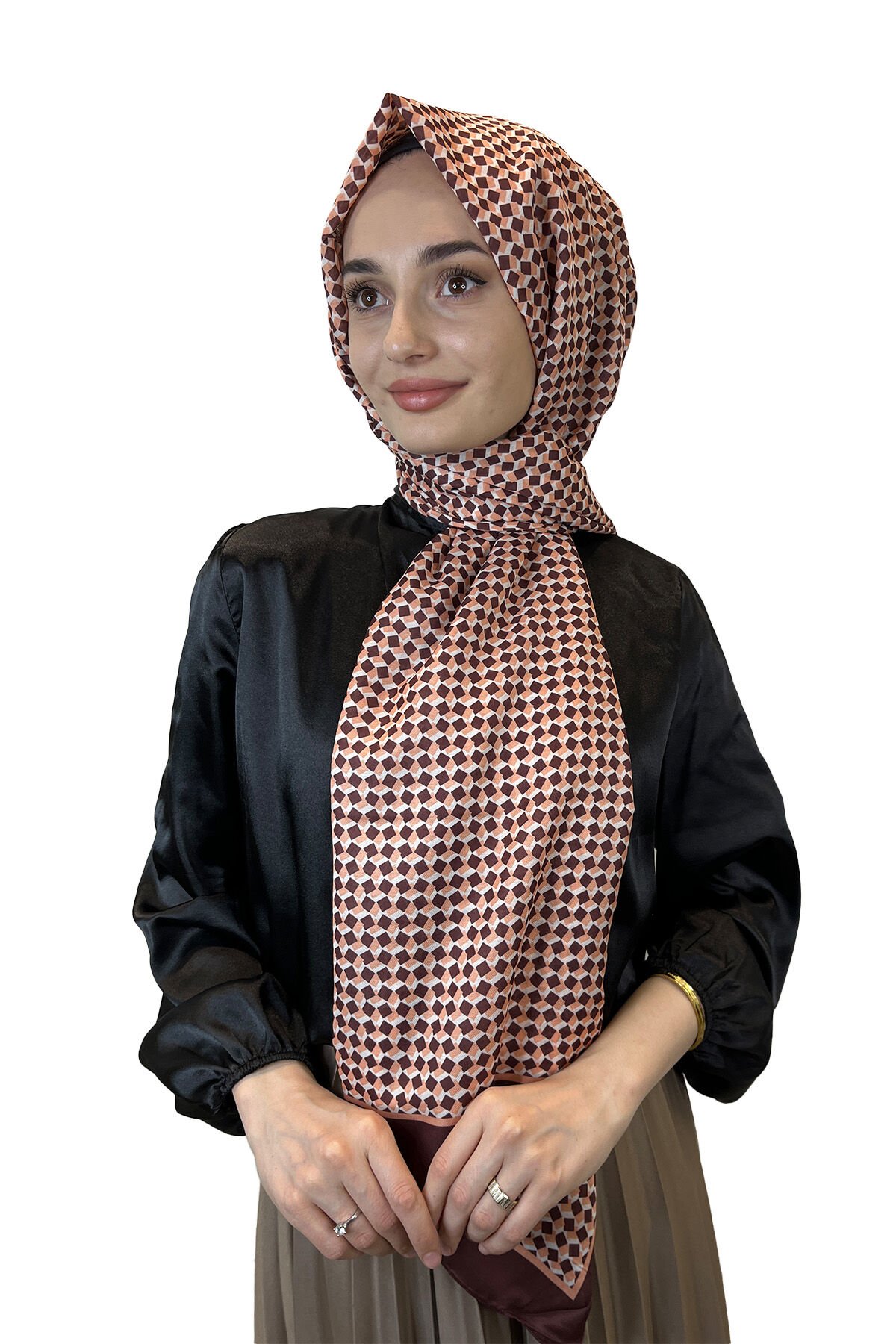 Siyane Scarf Cotton Soft Shawl, Geometric Pattern 01016 BITTER BROWN