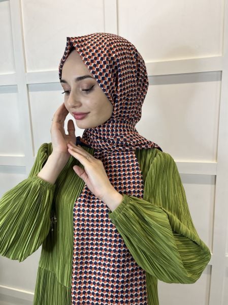 Siyane Scarf Pamuk Soft Şal, Geometrik Desen  01016 TURUNCU LACİVERT