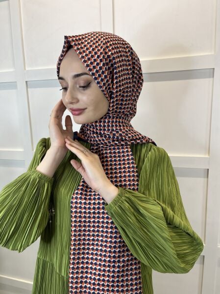 Siyane Scarf Pamuk Soft Şal, Geometrik Desen  01016 TURUNCU LACİVERT