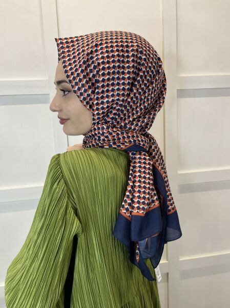 Siyane Scarf Pamuk Soft Şal, Geometrik Desen  01016 TURUNCU LACİVERT