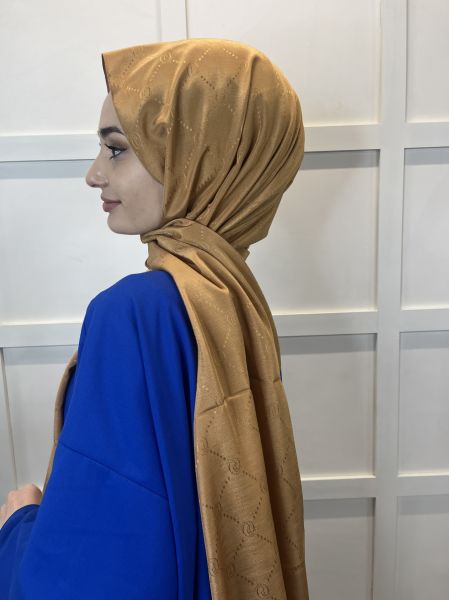 Pyramid Monogram Shawl, Special Patterned Elegant Shawl 01008 MUSTARD